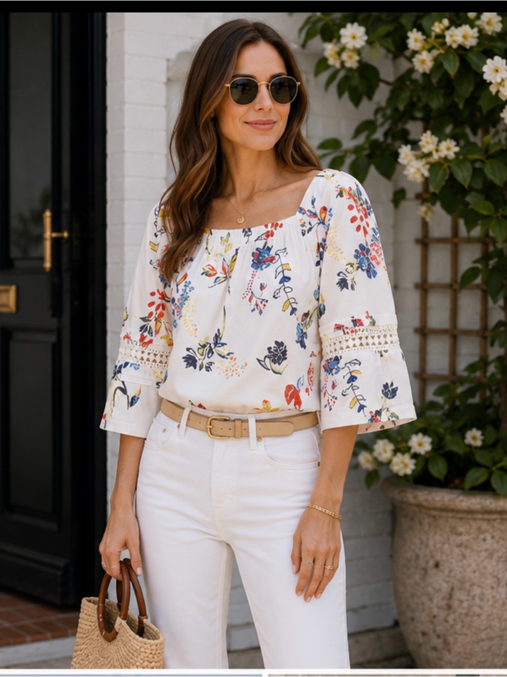 Tanya Taylor Stassi White Floral Crochet Trim Blouse